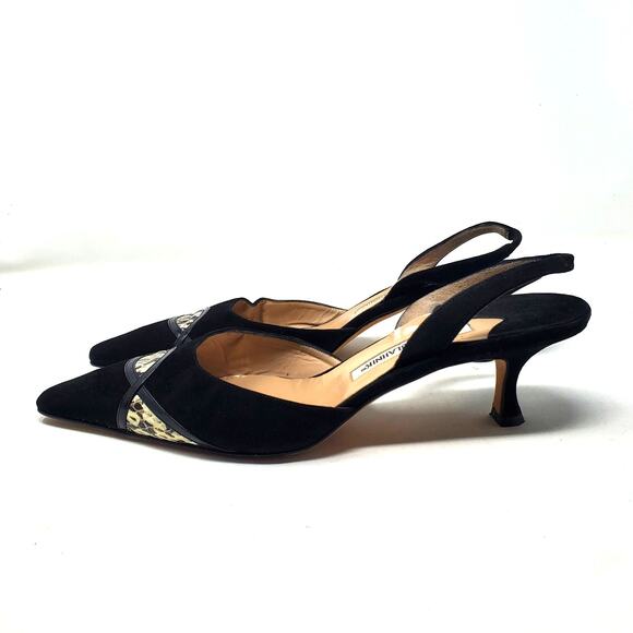 Vintage Manolo Blahnik Suede Pointed Toe Slingback Kitten Heel Black Size 42 - Picture 4 of 10